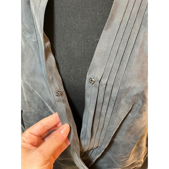 Evereve Charcoal Gray Cupro Viscose Pleated Wrap Blouse Puff Sleeve Size M - Picture 5 of 11